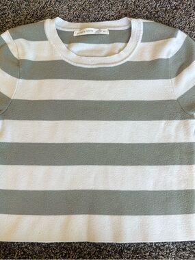 Altar'd State White and Sage Green Striped Crop Top